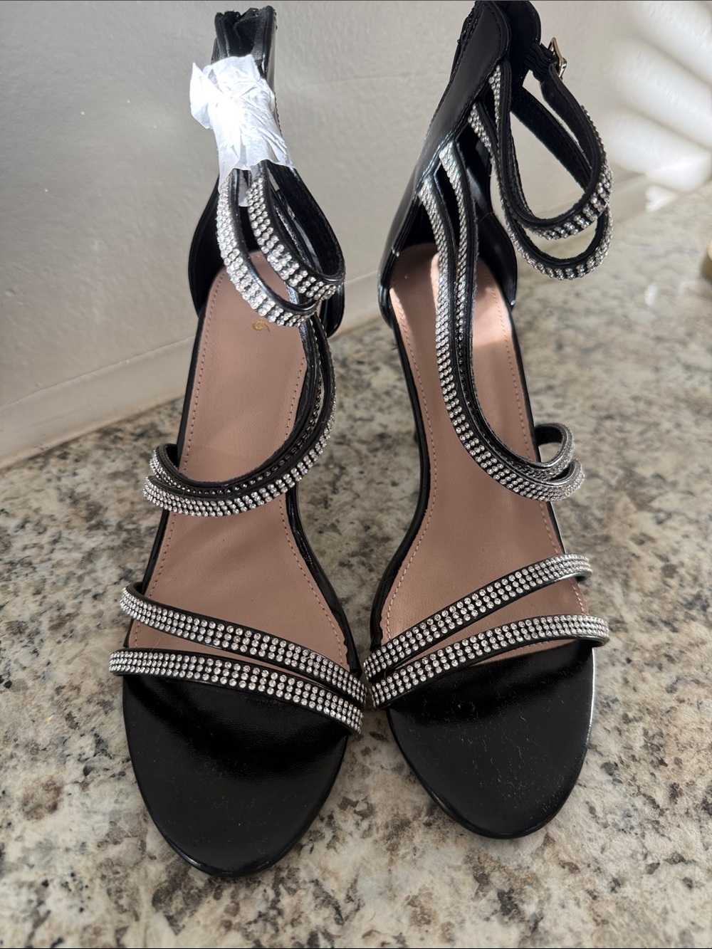 Black Rhinestone Strappy High Heel Sandals - Women's